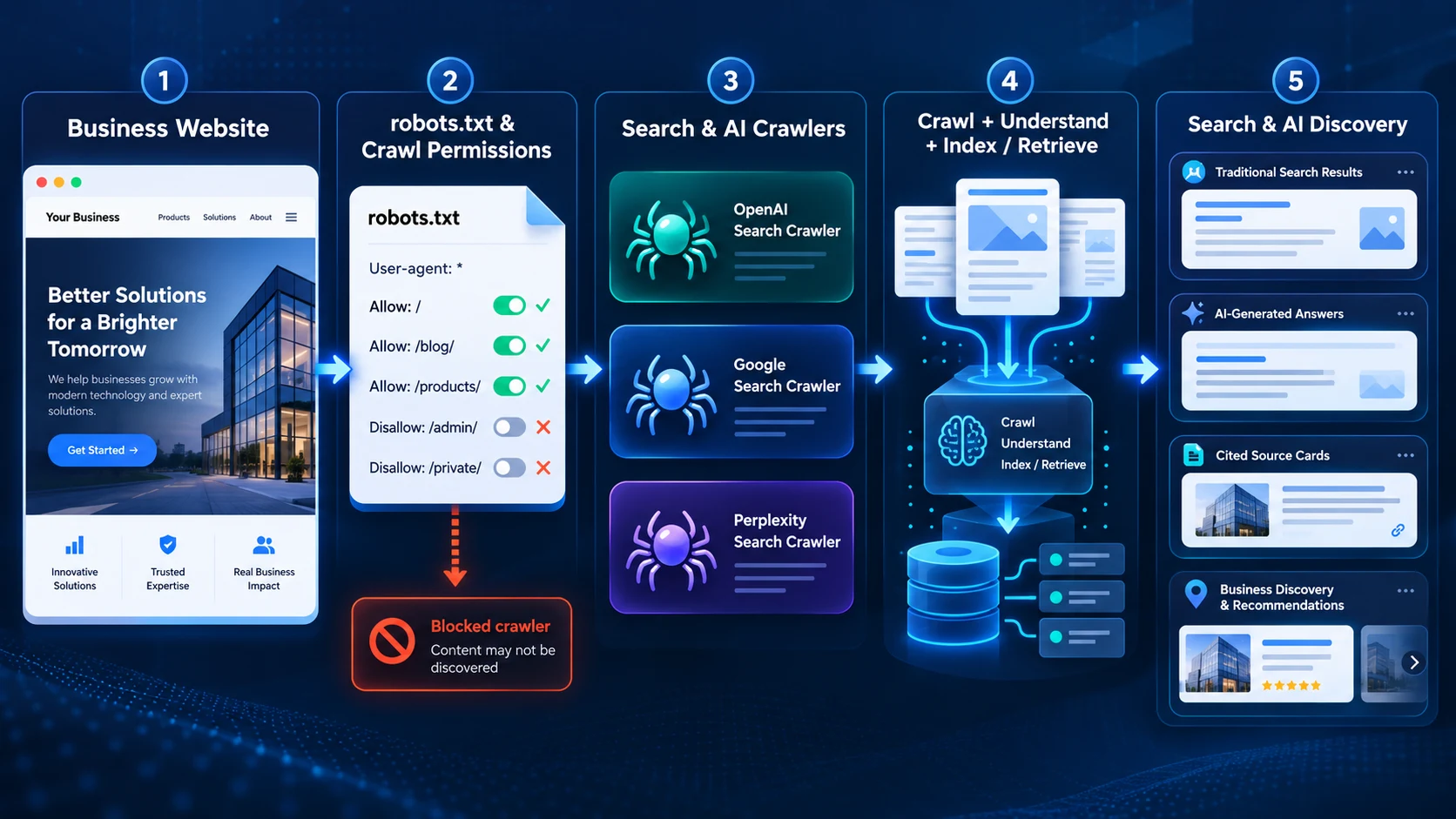 How OAI SearchBot Googlebot and PerplexityBot crawl a business website