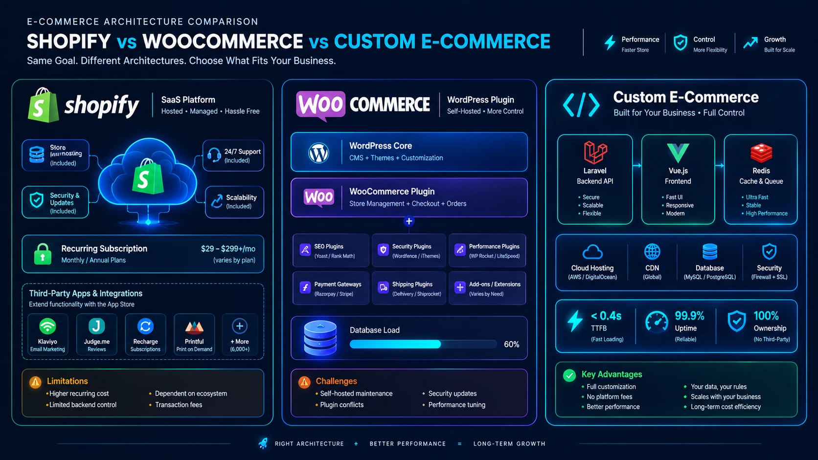 Architecture comparison diagram of Shopify SaaS, WooCommerce plugins, and Custom Laravel Vue e-commerce stack