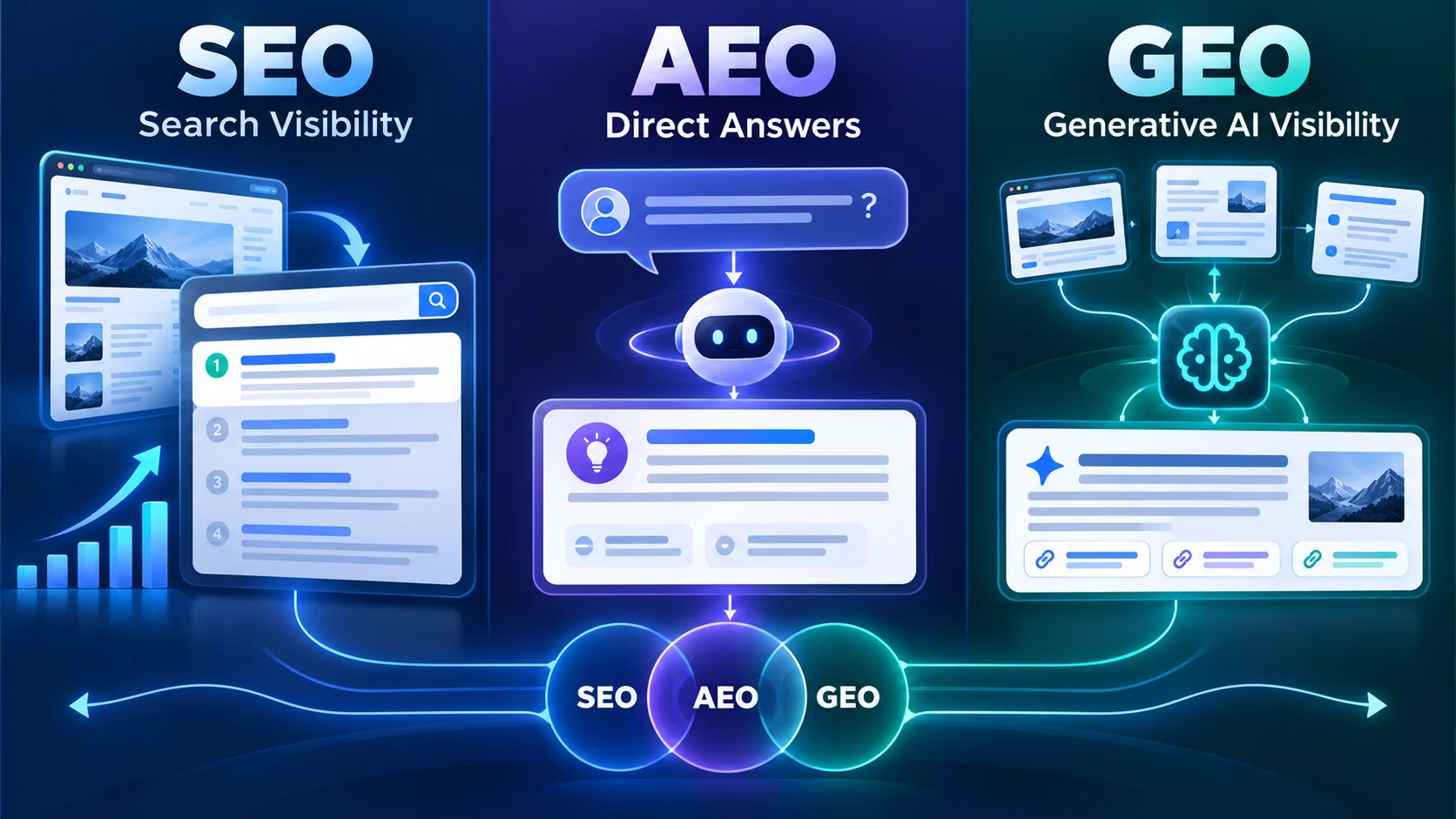 Difference between SEO AEO and GEO for AI search optimization