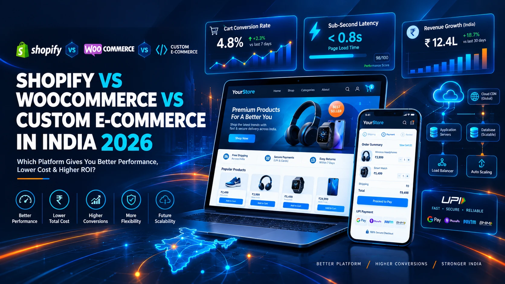 Shopify vs WooCommerce vs Custom E-Commerce in India 2026 comparison banner by Webtrix Innovations
