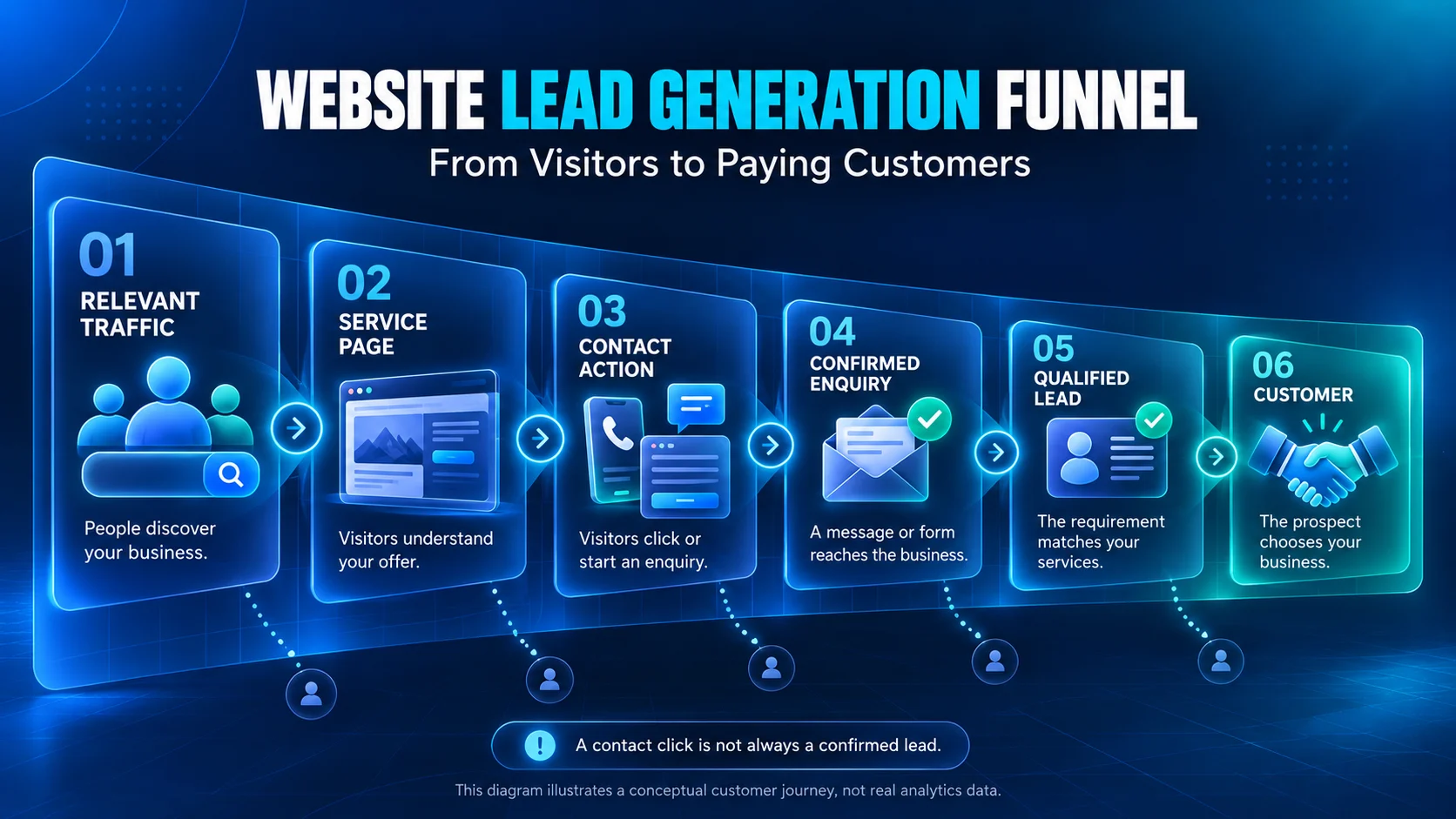 Six-stage website lead generation funnel showing relevant traffic, service pages, contact actions, confirmed enquiries, qualified leads and customers